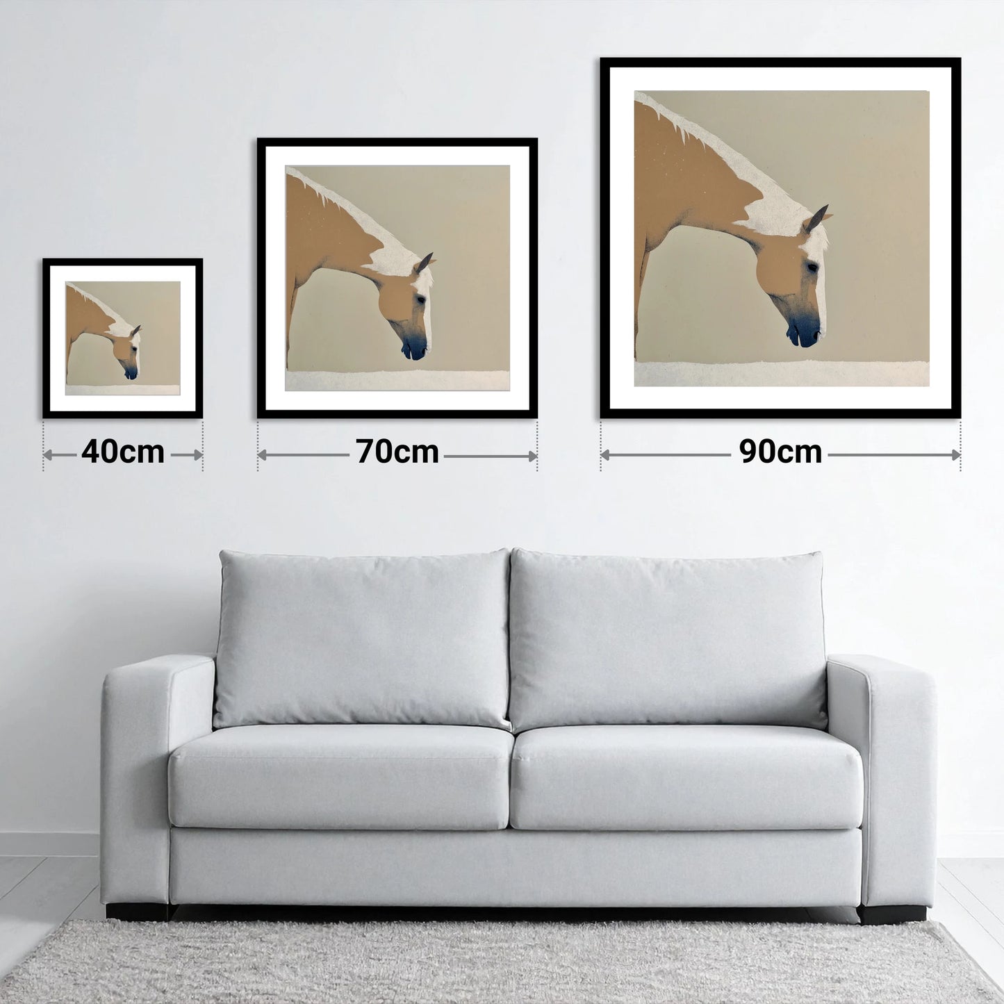 Serenity in Tan and Cream - size guide showing 40cm, 70cm and 90cm art prints