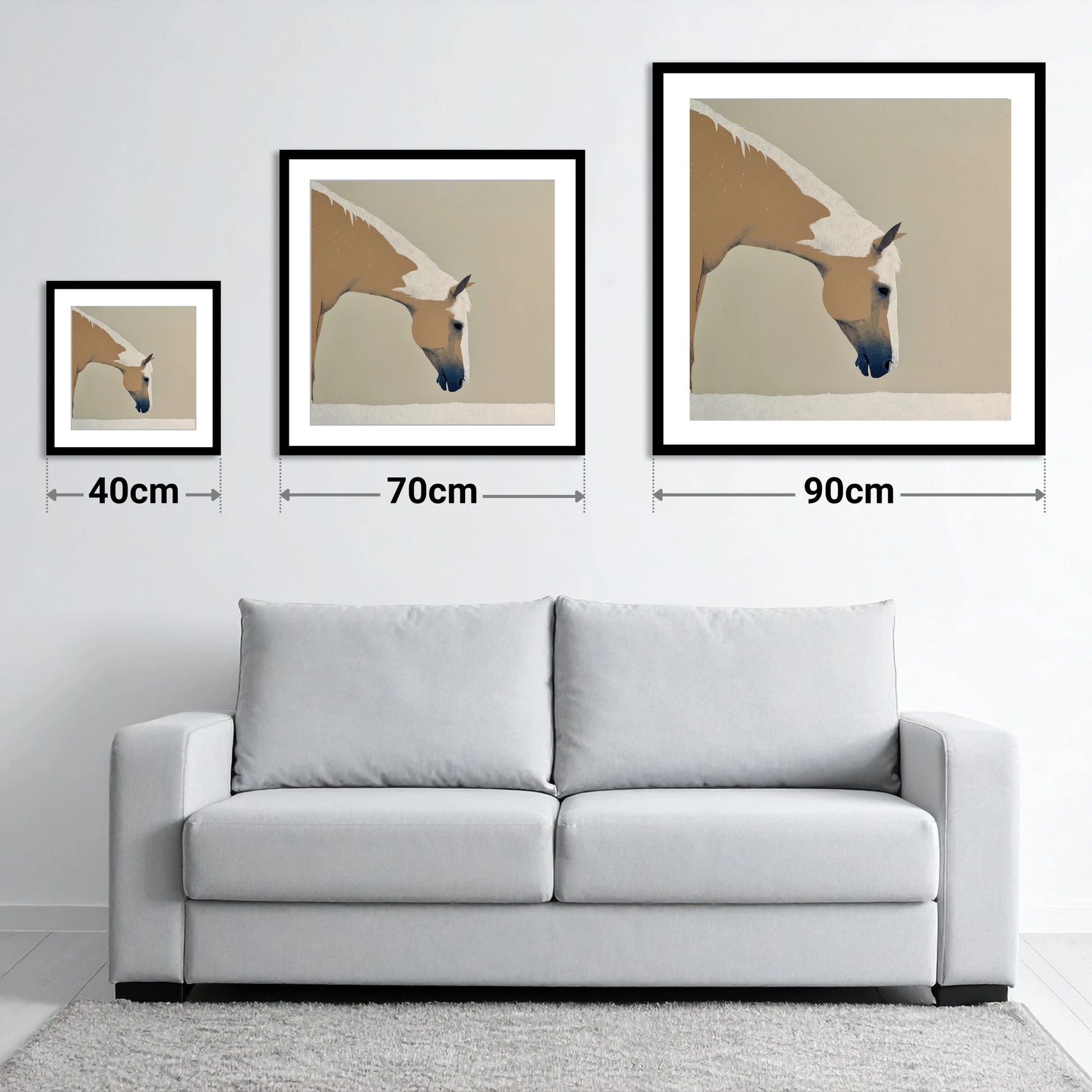 Serenity in Tan and Cream - size guide showing 40cm, 70cm and 90cm art prints