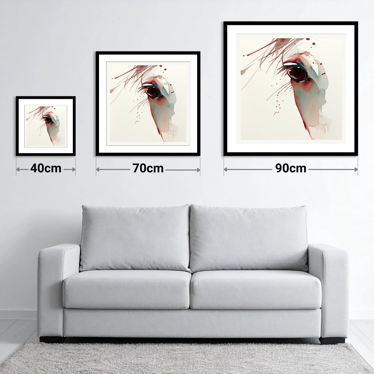 Crimson Gaze - size guide showing 40cm, 70cm and 90cm art prints