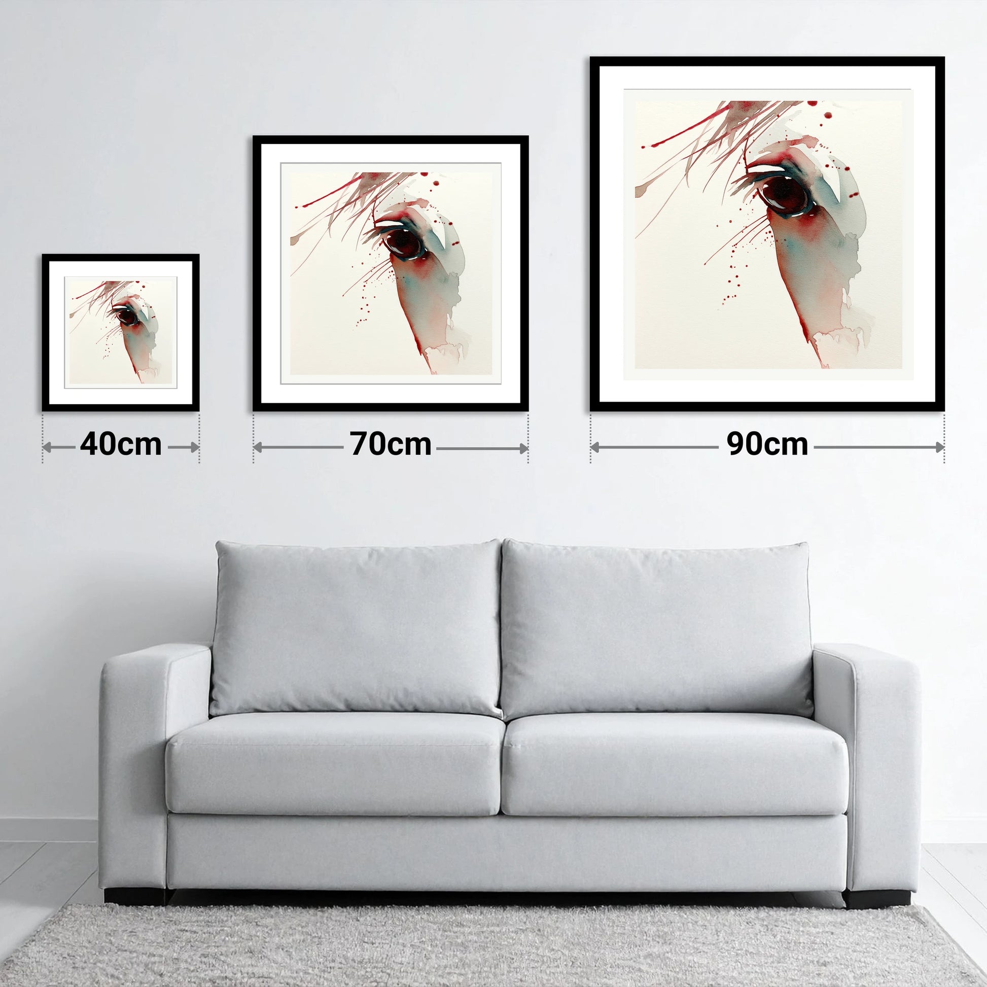 Crimson Gaze - size guide showing 40cm, 70cm and 90cm art prints