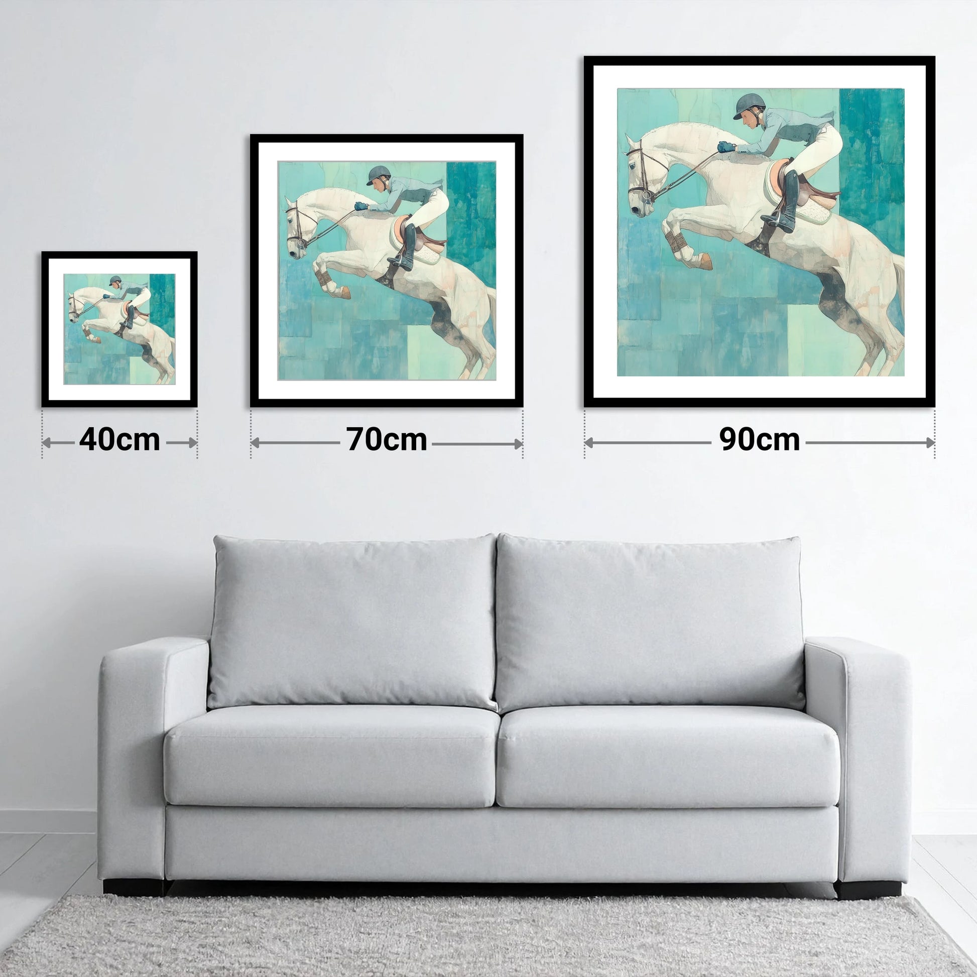 Airborne in Aquamarine - size guide showing 40cm, 70cm and 90cm art prints