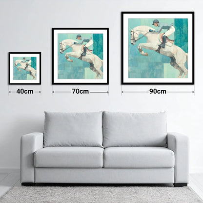 Airborne in Aquamarine - size guide showing 40cm, 70cm and 90cm art prints