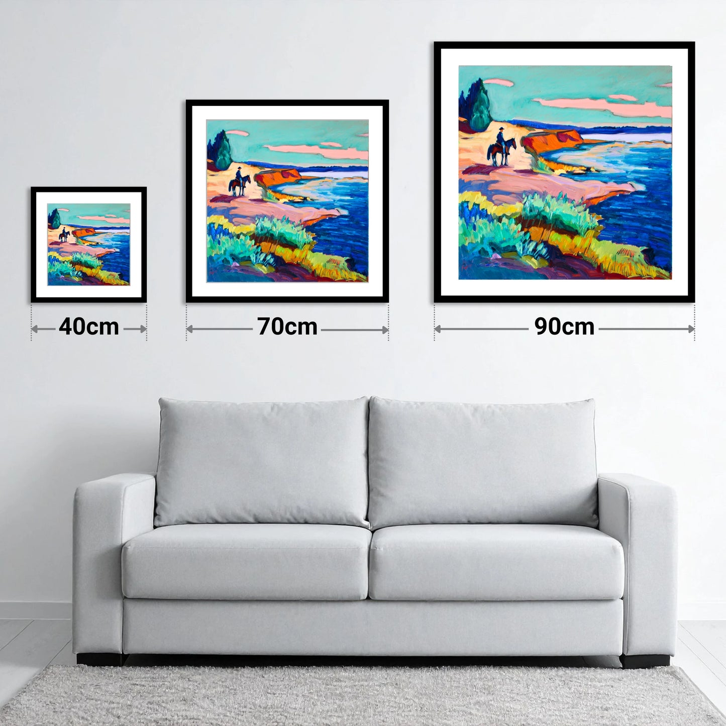 Vivid Coastal Hack - size guide showing 40cm, 70cm and 90cm art prints