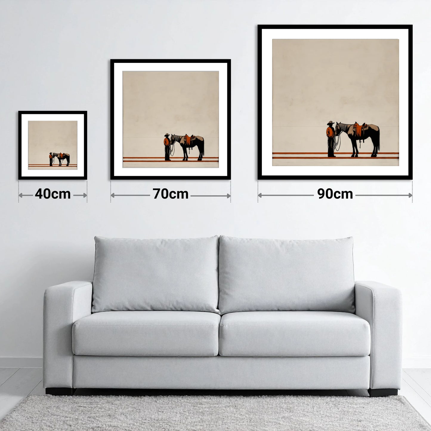 The Quiet Horizon - size guide showing 40cm, 70cm and 90cm art prints