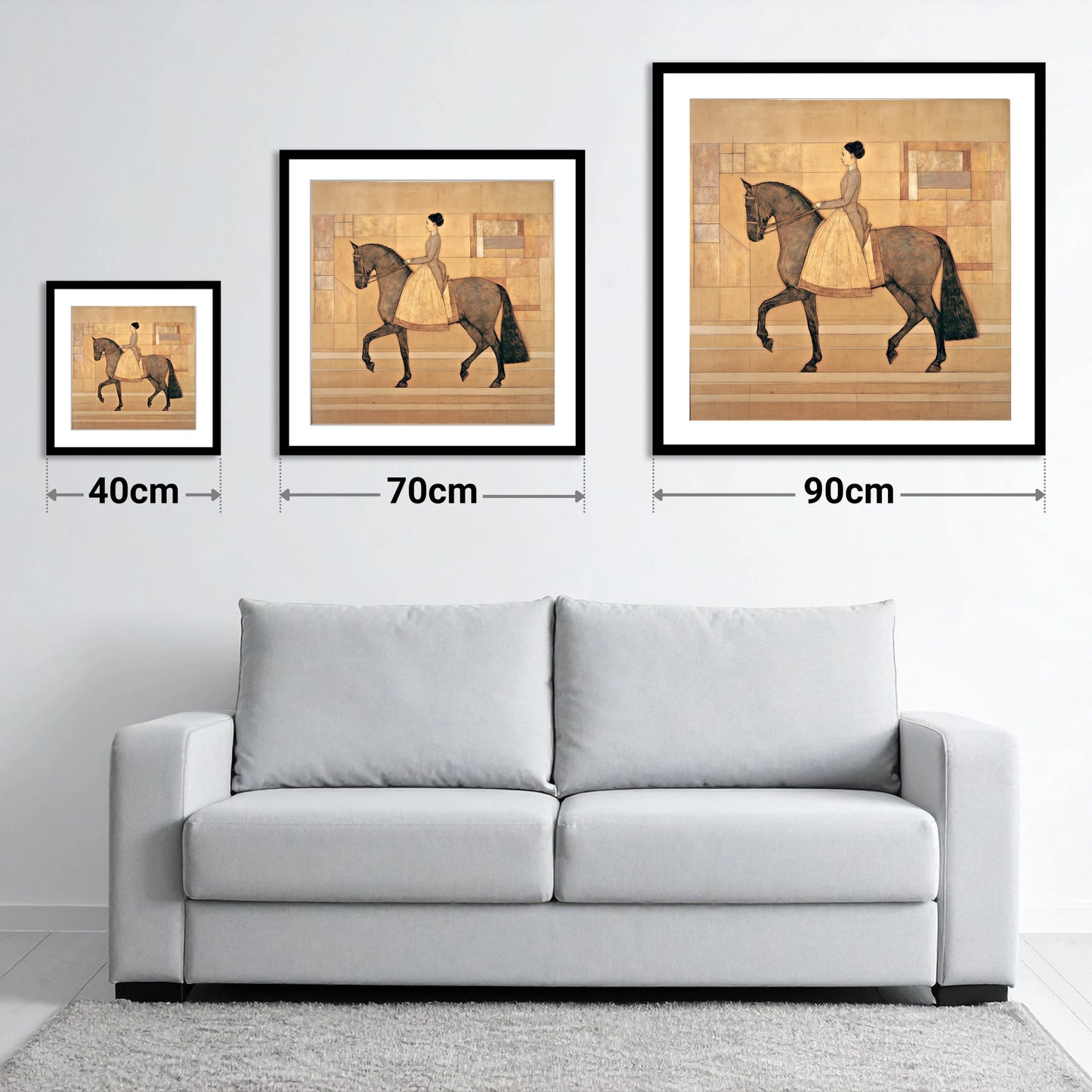 Golden Era Dressage - size guide showing 40cm, 70cm and 90cm art prints