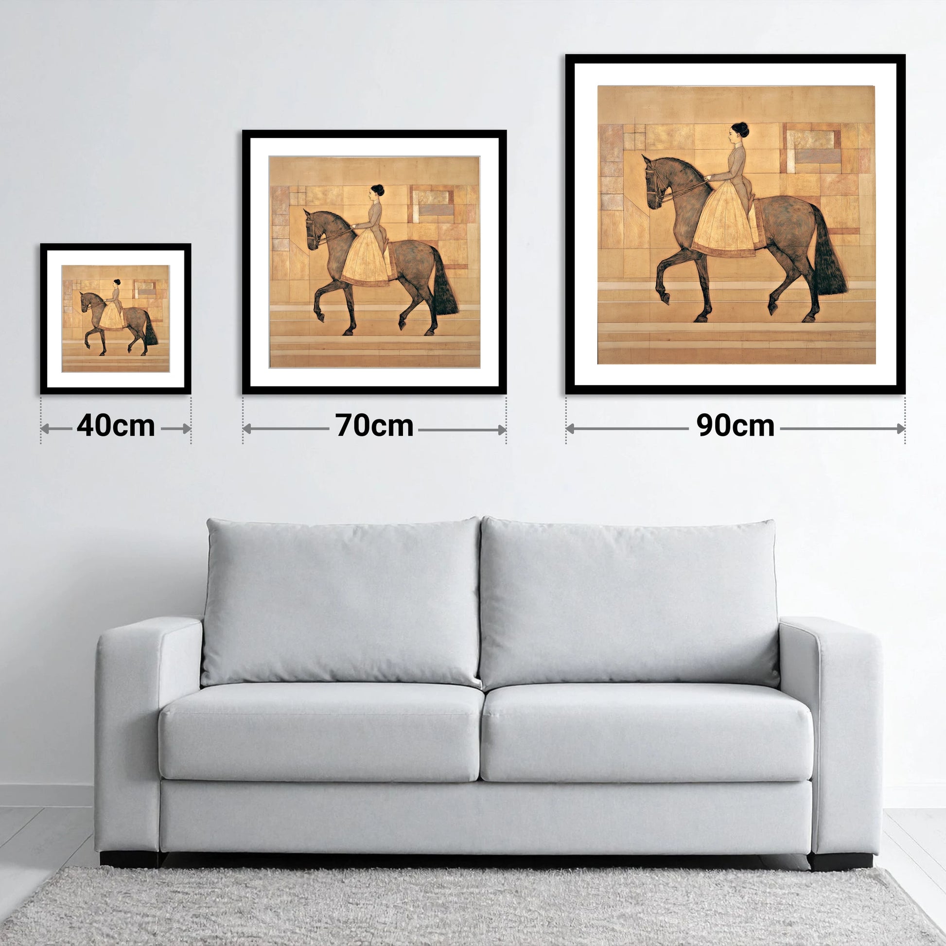 Golden Era Dressage - size guide showing 40cm, 70cm and 90cm art prints