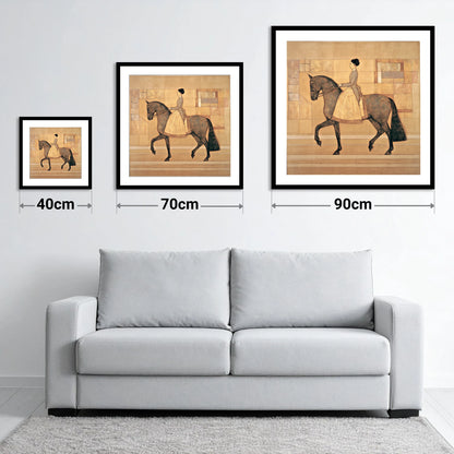 Golden Era Dressage - size guide showing 40cm, 70cm and 90cm art prints
