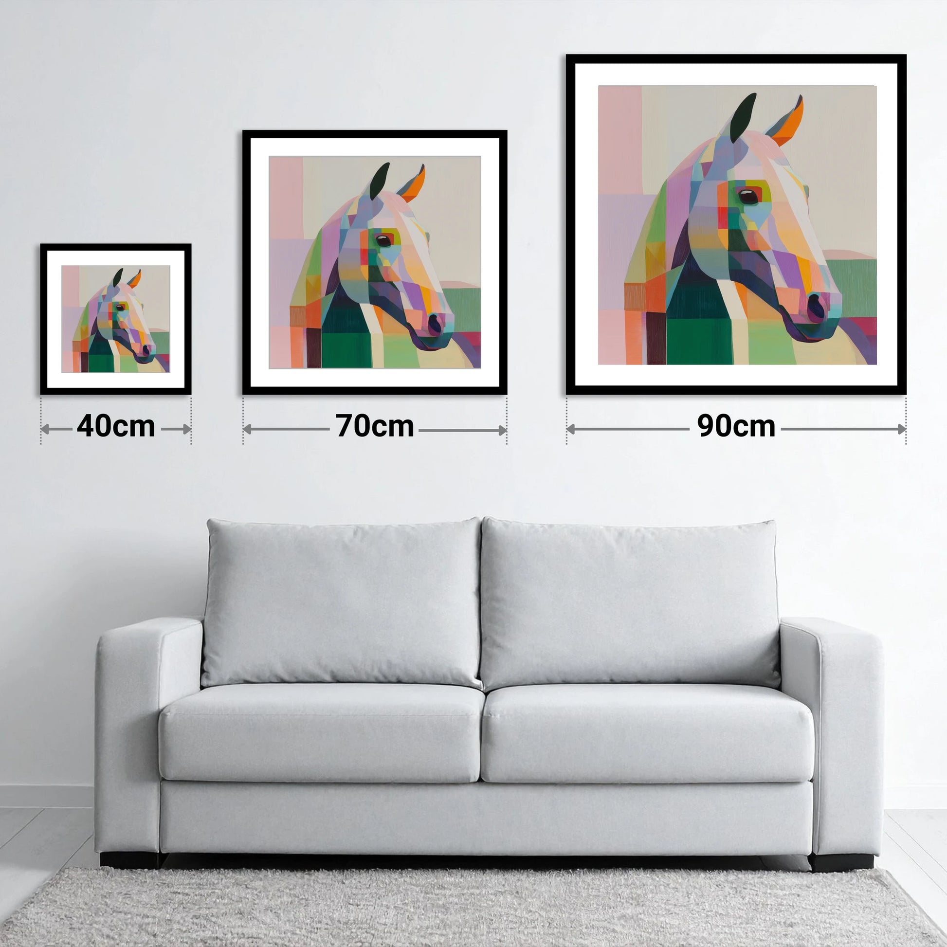The Prismatic Profile - size guide showing 40cm, 70cm and 90cm art prints