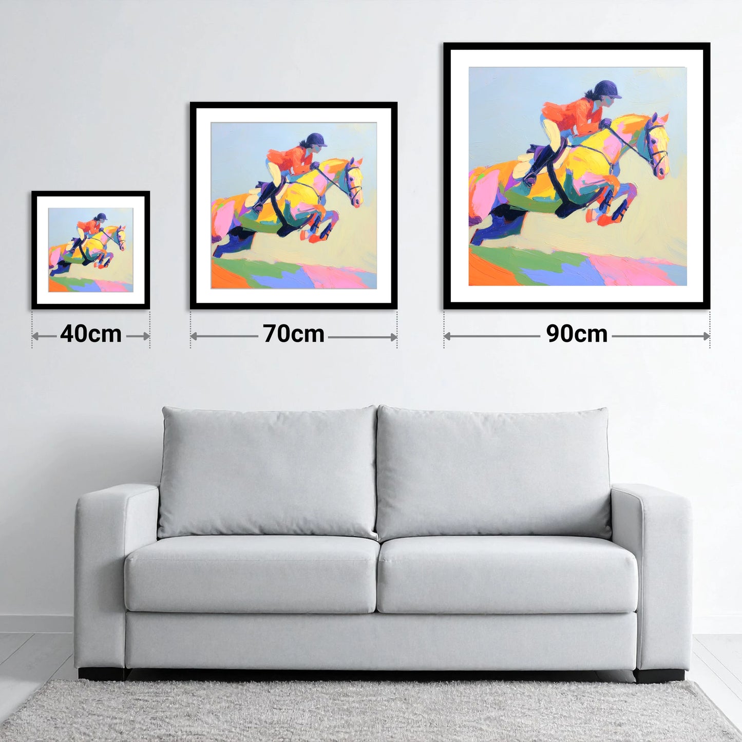 Chromatic Showjumper - size guide showing 40cm, 70cm and 90cm art prints