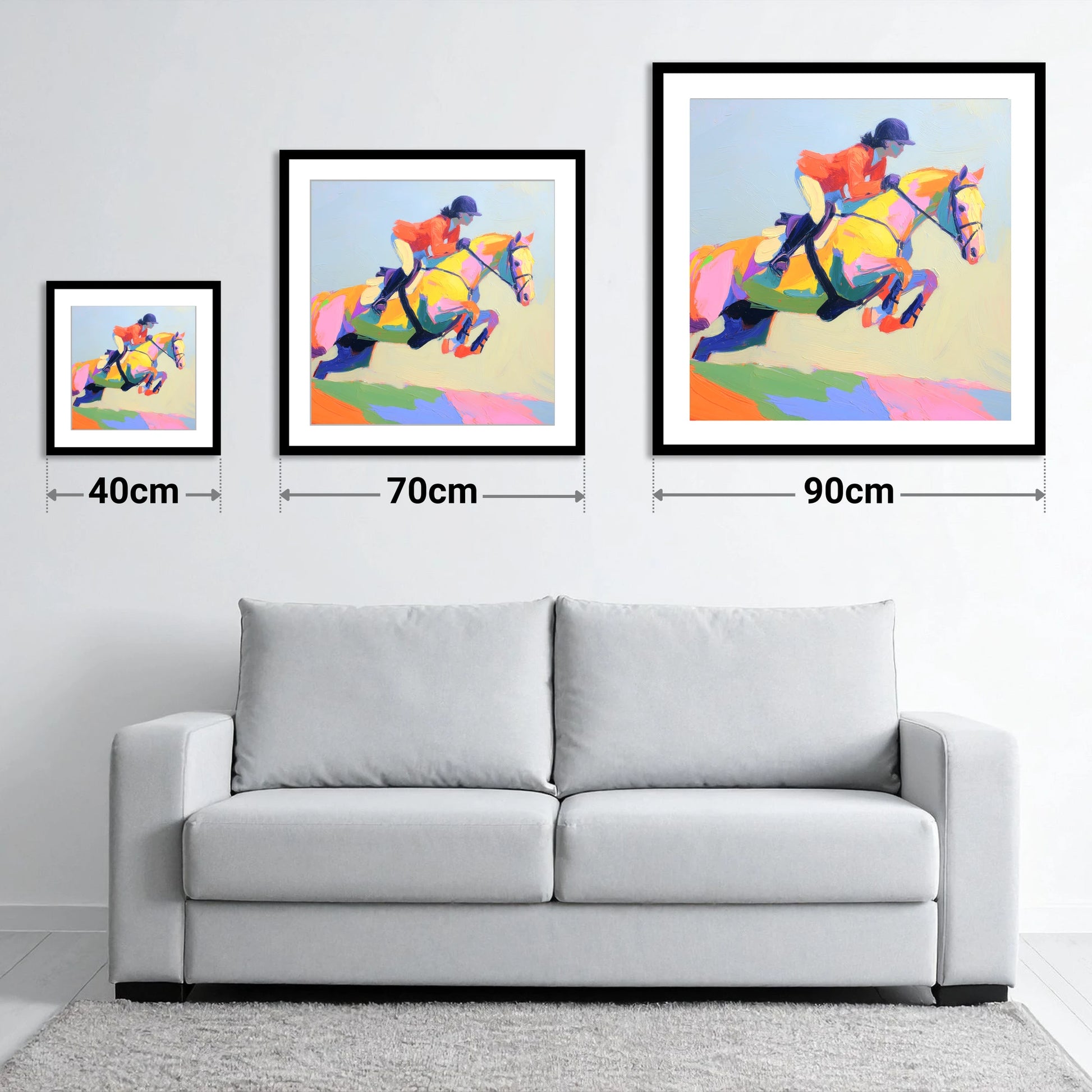 Chromatic Showjumper - size guide showing 40cm, 70cm and 90cm art prints