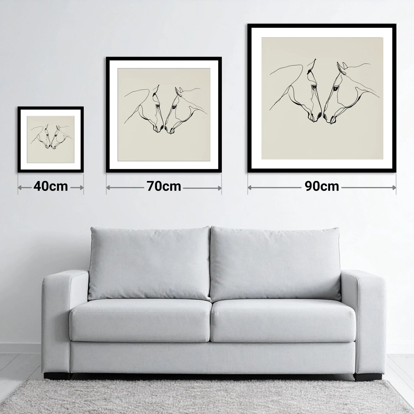 Quiet Connection - size guide showing 40cm, 70cm and 90cm art prints