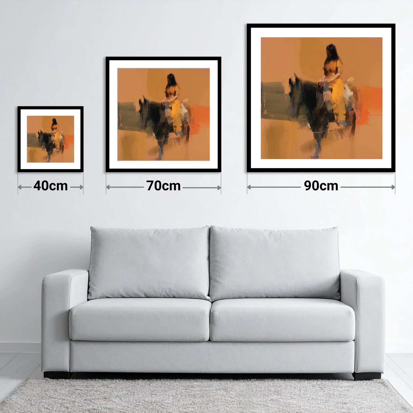 Ochre Rider - size guide showing 40cm, 70cm and 90cm art prints