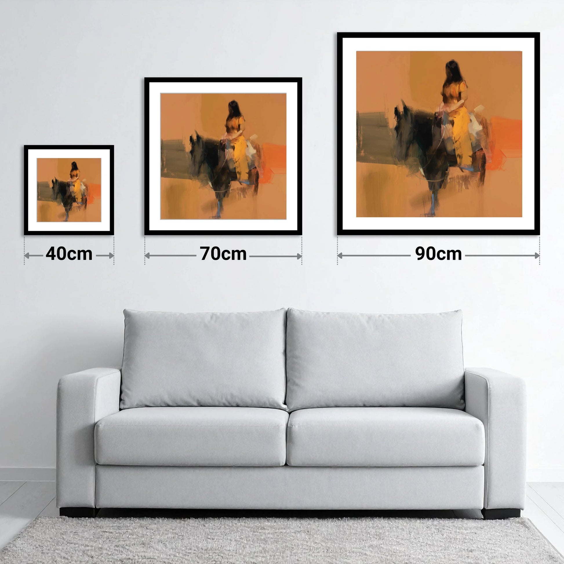 Ochre Rider - size guide showing 40cm, 70cm and 90cm art prints