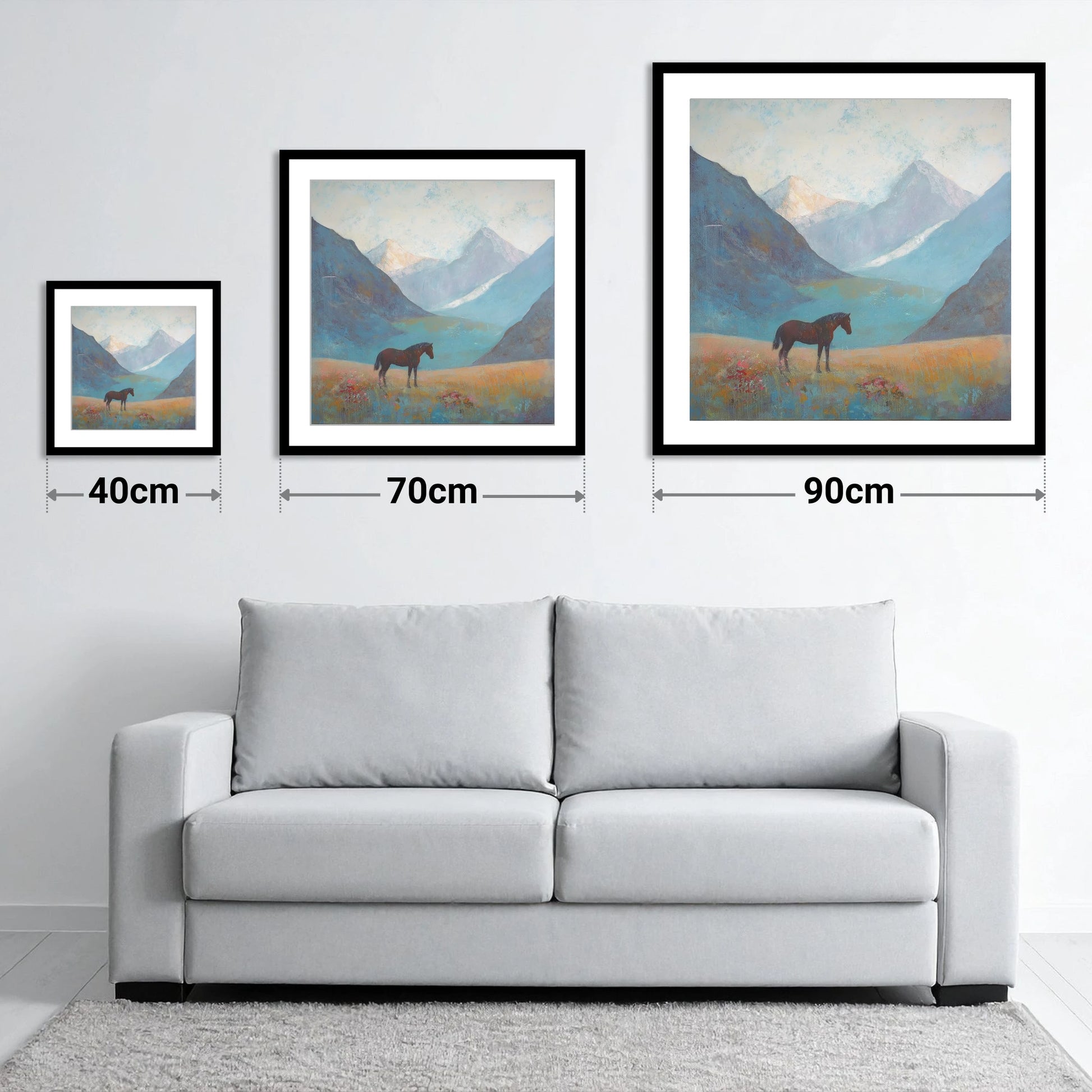 Mountain Solitude - size guide showing 40cm, 70cm and 90cm art prints