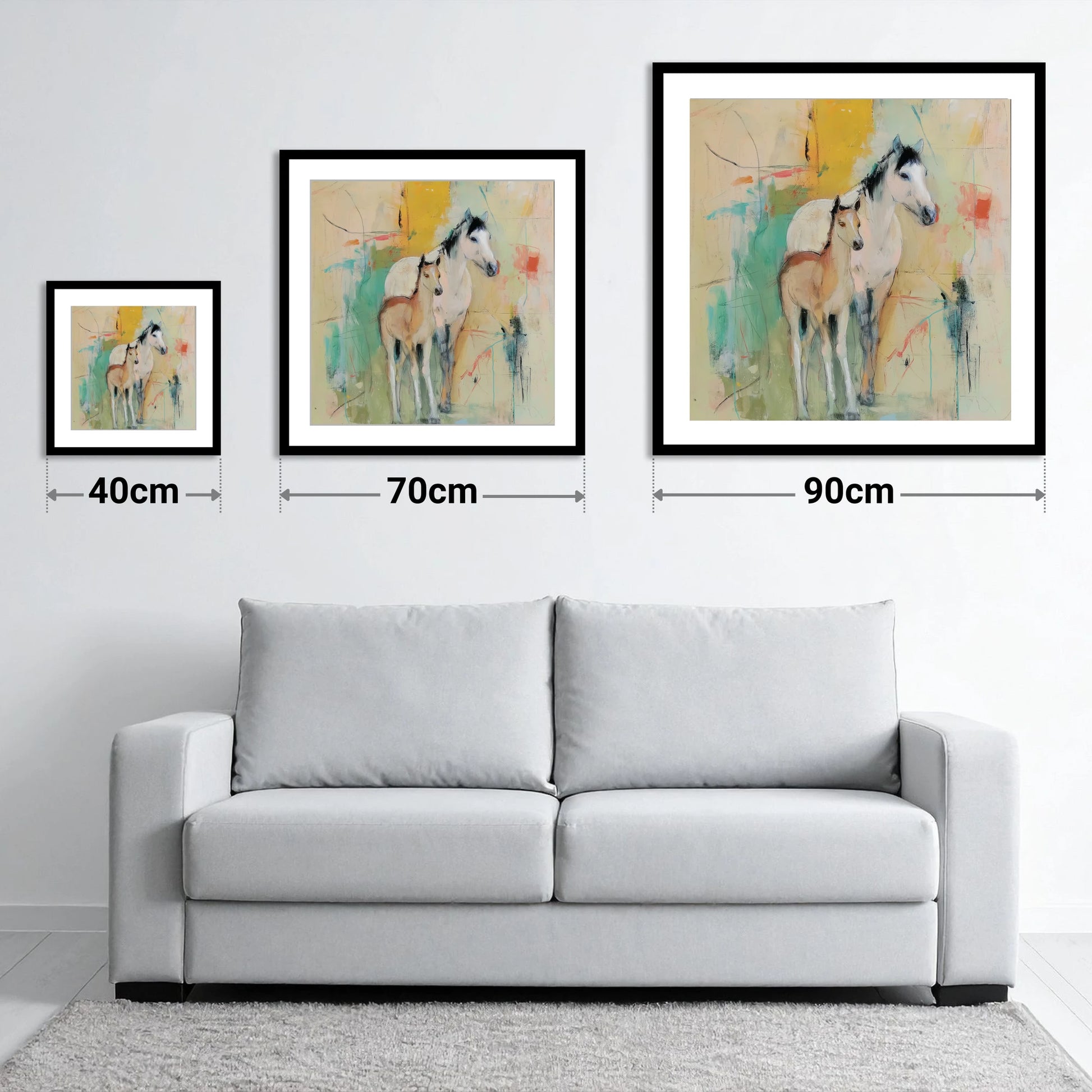 Gentle Guardianship - size guide showing 40cm, 70cm and 90cm art prints