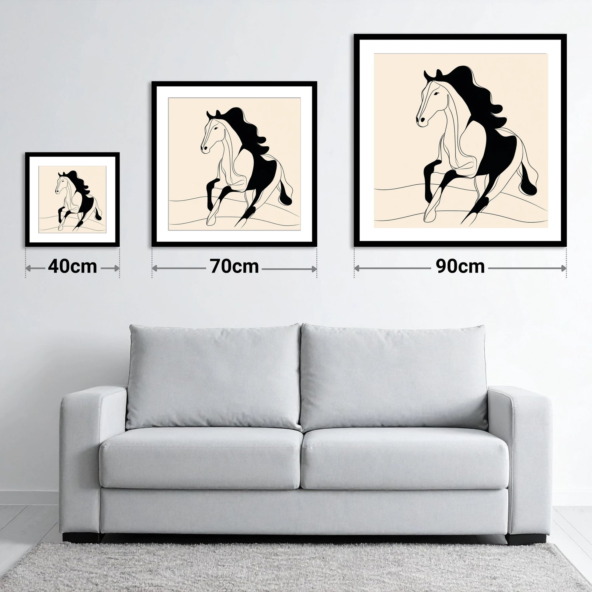 Dynamic Ink Silhouette - size guide showing 40cm, 70cm and 90cm art prints