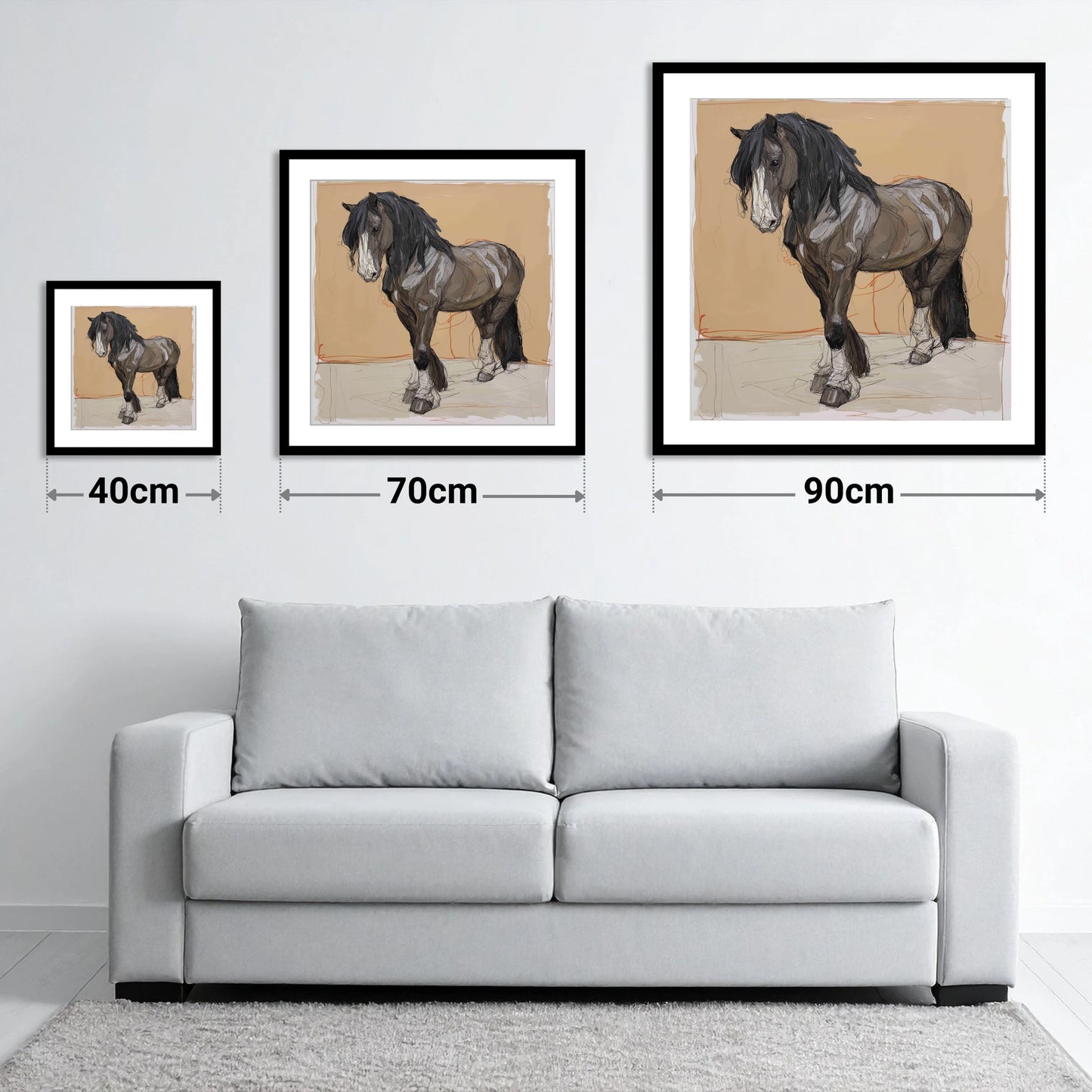 Feathered Strength - size guide showing 40cm, 70cm and 90cm art prints