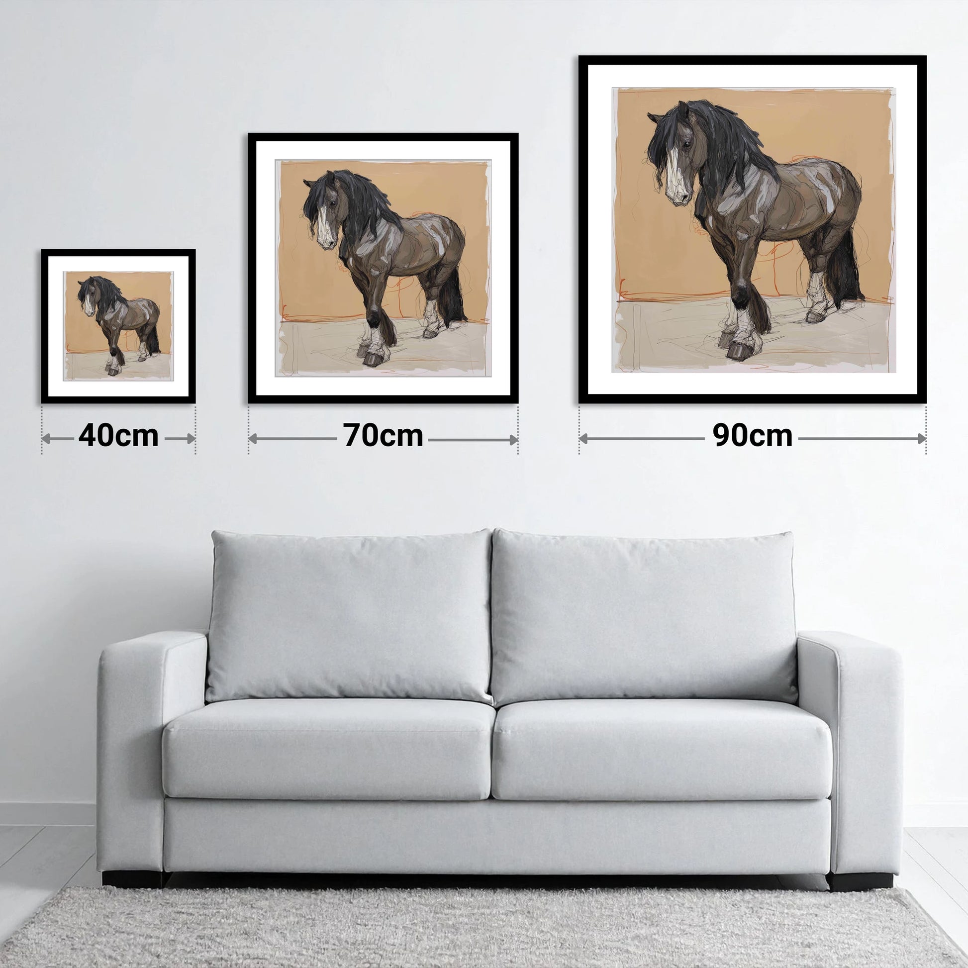Feathered Strength - size guide showing 40cm, 70cm and 90cm art prints