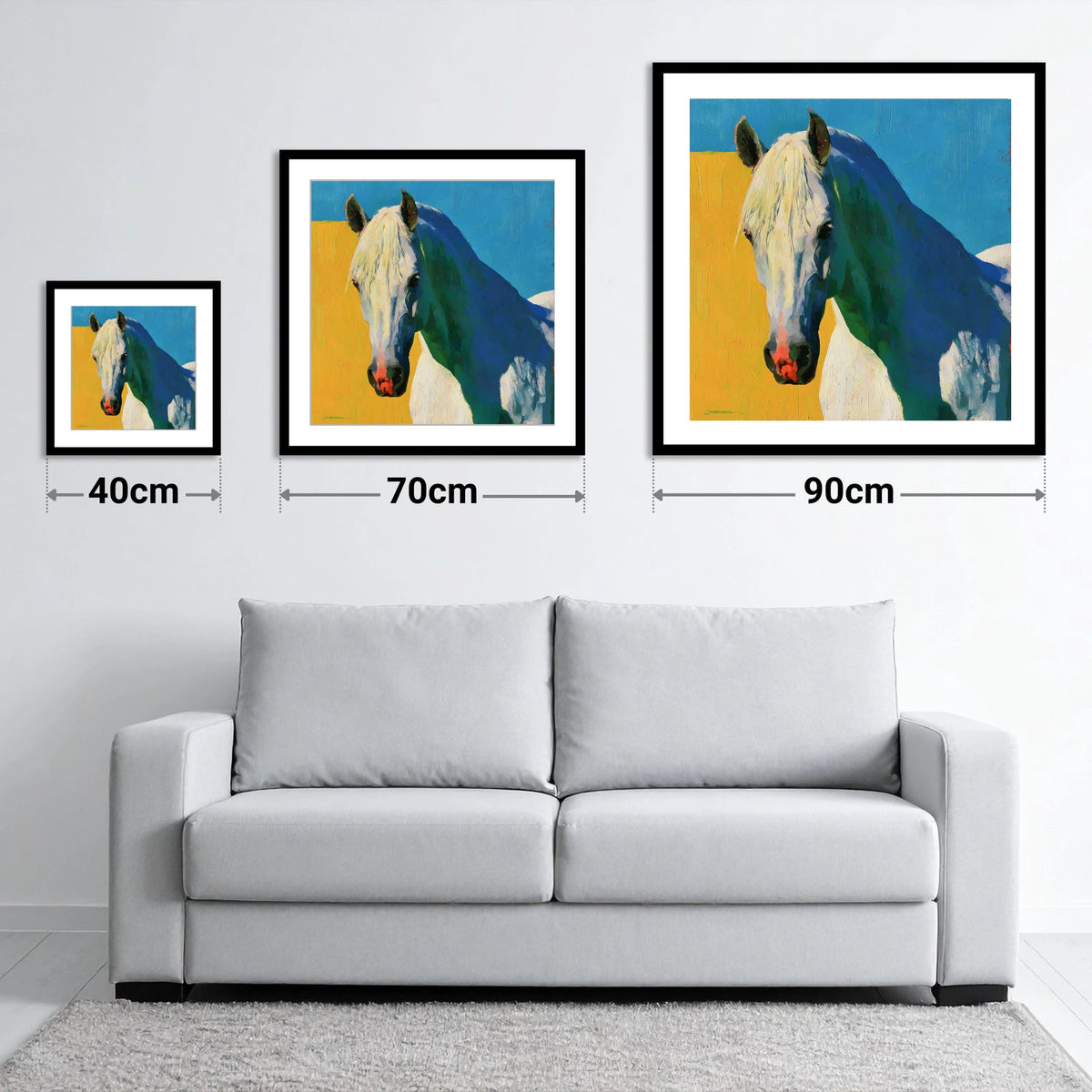 Grey Horse in Vibrant Sunlight - size guide showing 40cm, 70cm and 90cm art prints