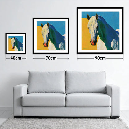 Grey Horse in Vibrant Sunlight - size guide showing 40cm, 70cm and 90cm art prints
