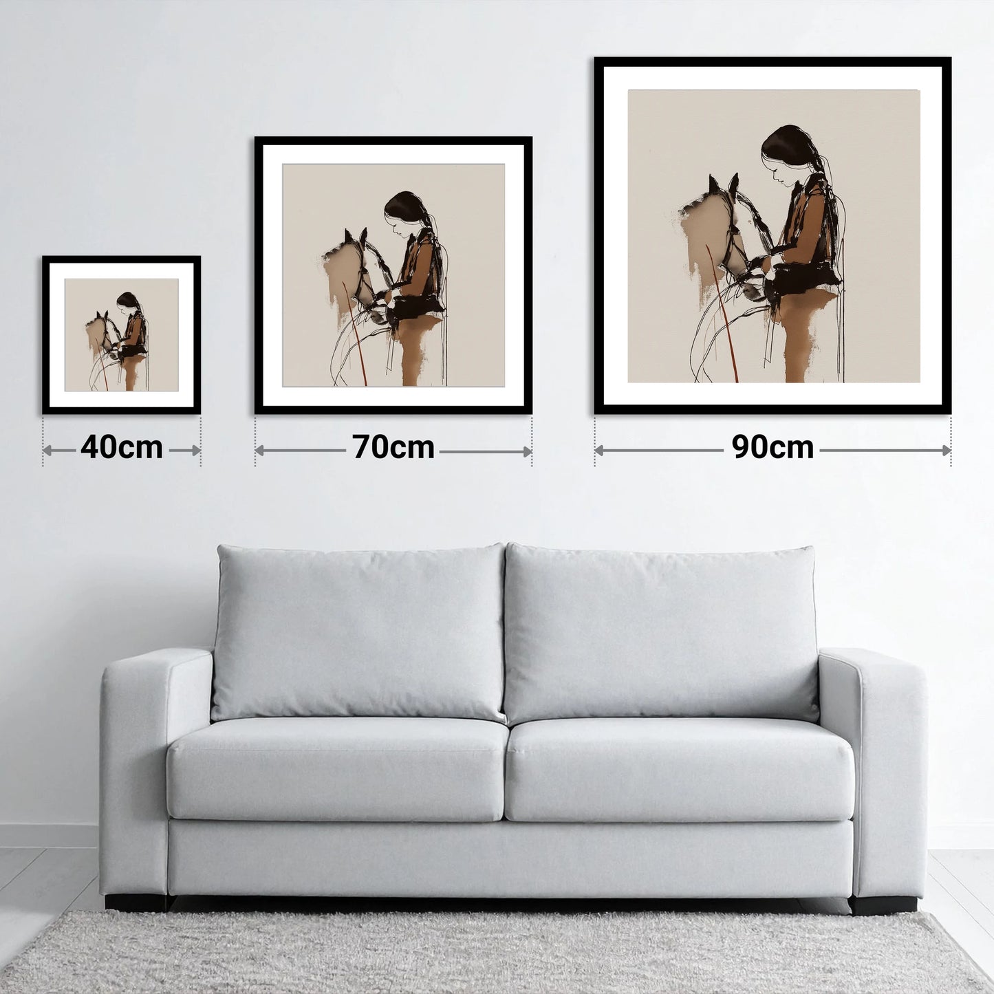 Silent Dialogue - size guide showing 40cm, 70cm and 90cm art prints