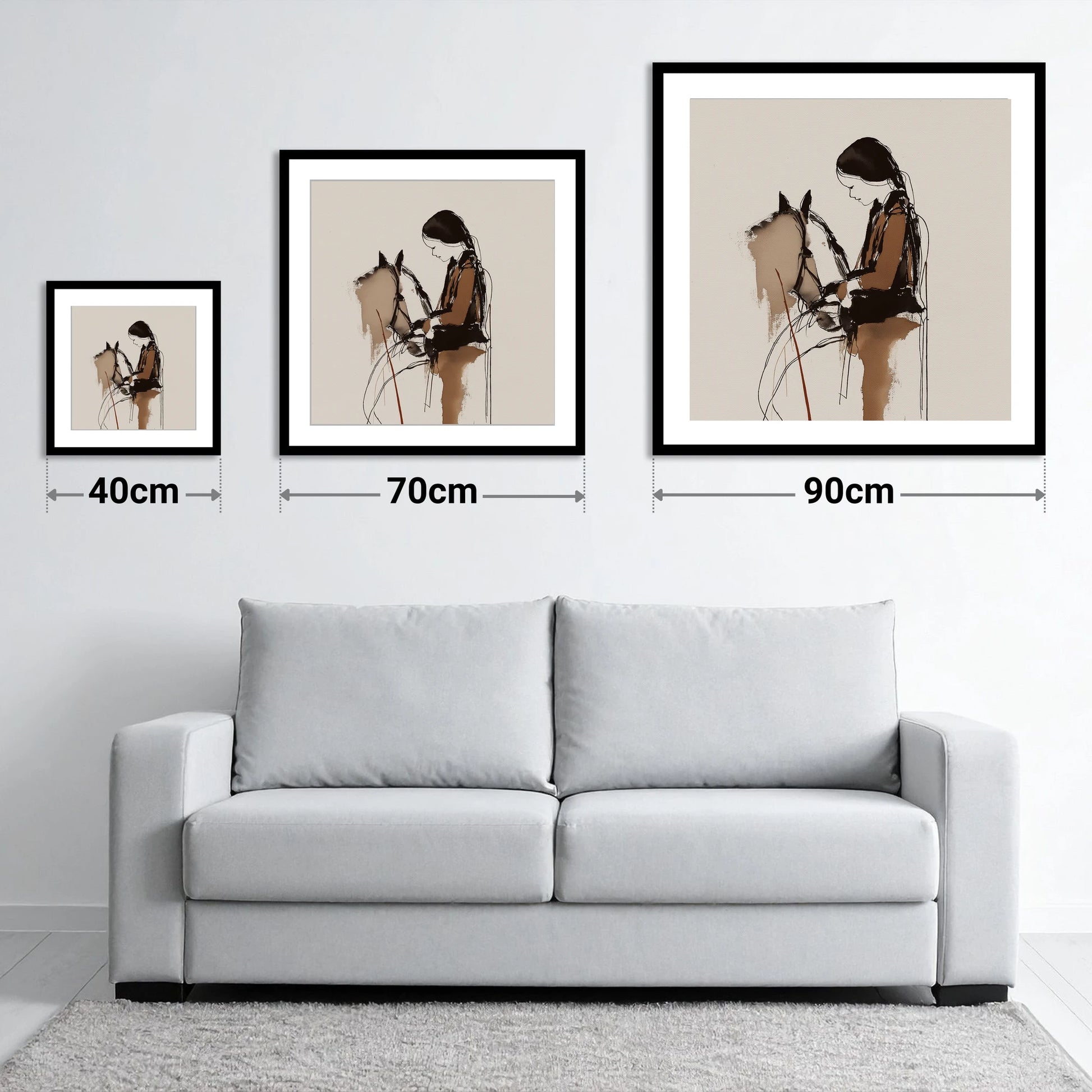 Silent Dialogue - size guide showing 40cm, 70cm and 90cm art prints