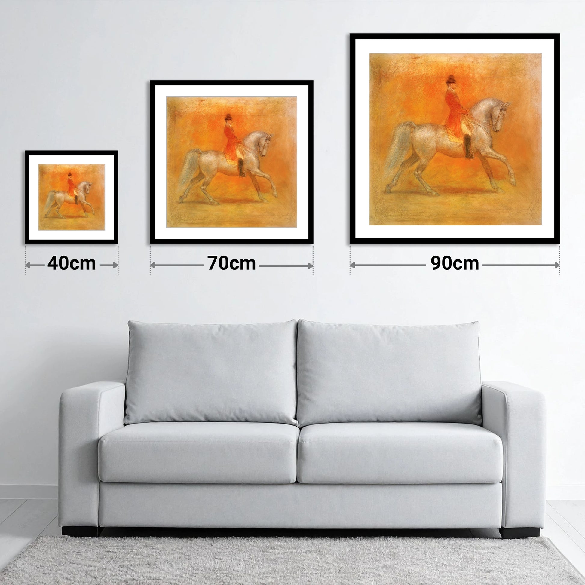 Radiant Classical Passage - size guide showing 40cm, 70cm and 90cm art prints