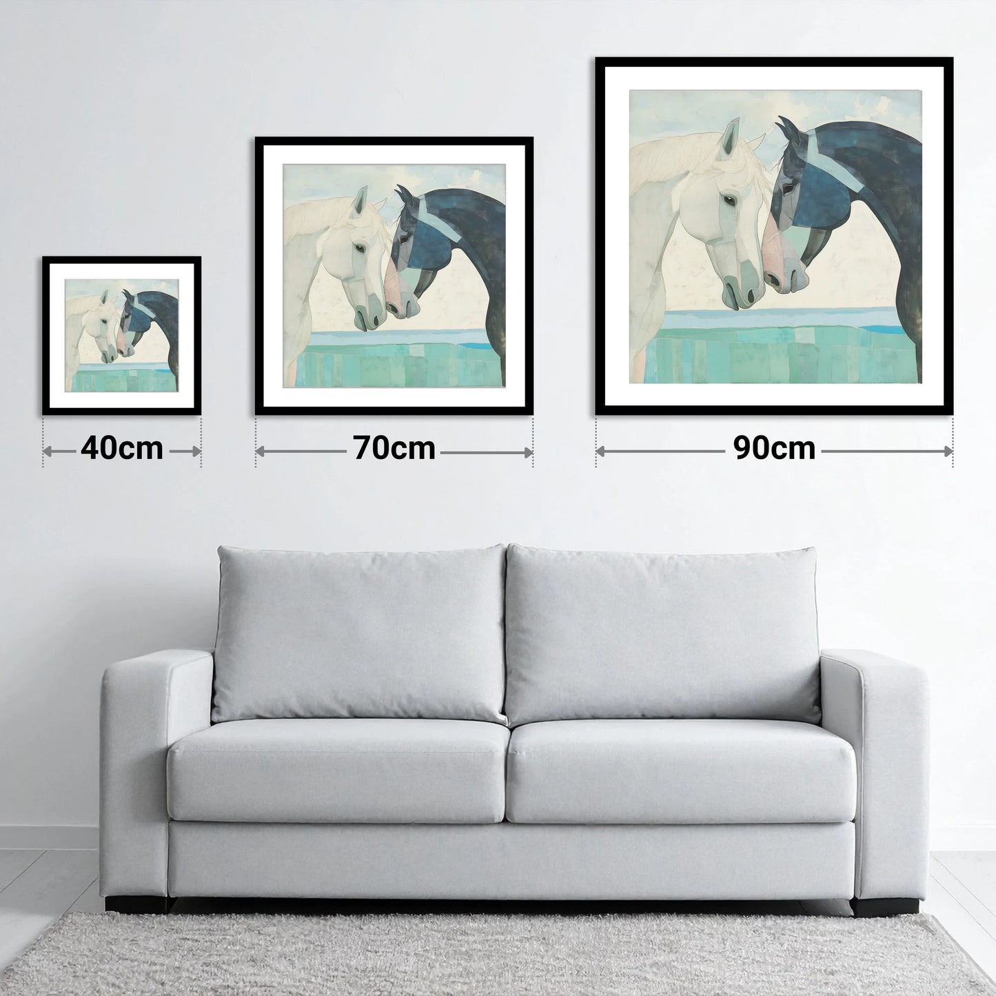 The Gentle Greeting - size guide showing 40cm, 70cm and 90cm art prints