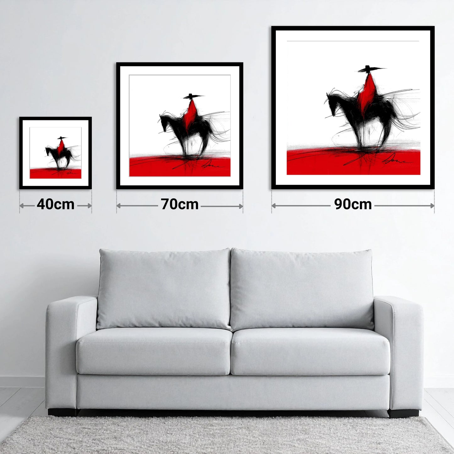 Crimson Vaquero - size guide showing 40cm, 70cm and 90cm art prints