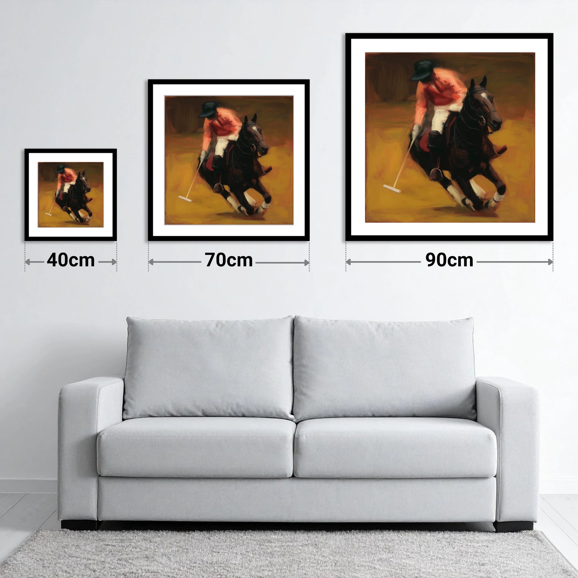 Heat of the Chukka - size guide showing 40cm, 70cm and 90cm art prints