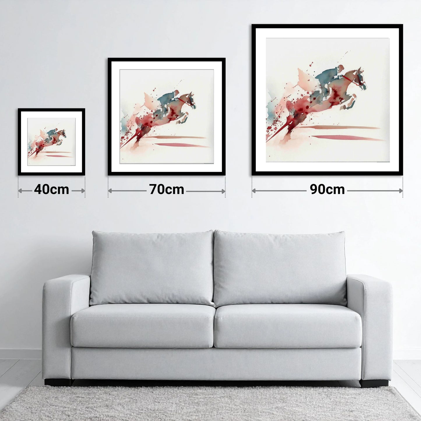 Crimson Ascent - size guide showing 40cm, 70cm and 90cm art prints