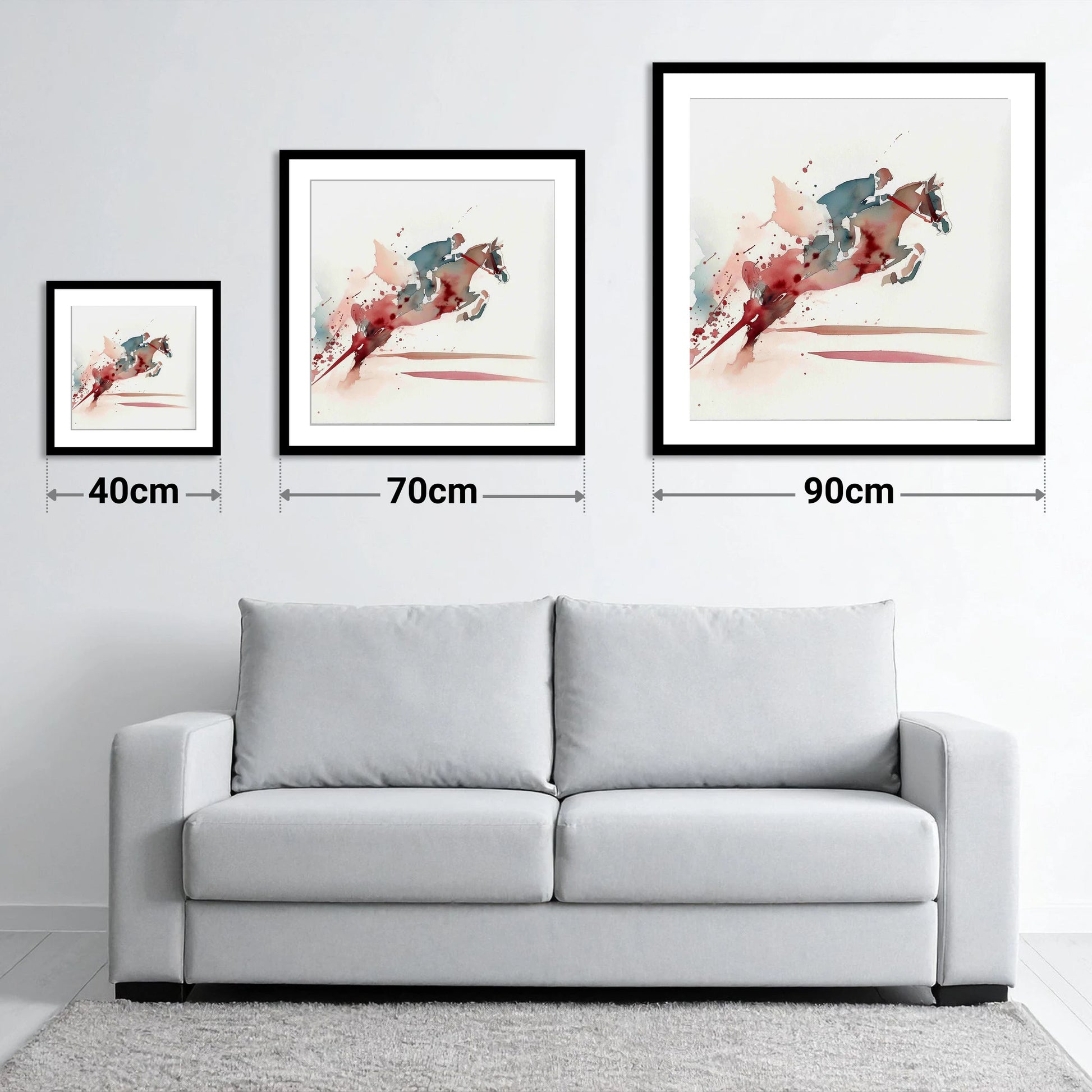 Crimson Ascent - size guide showing 40cm, 70cm and 90cm art prints
