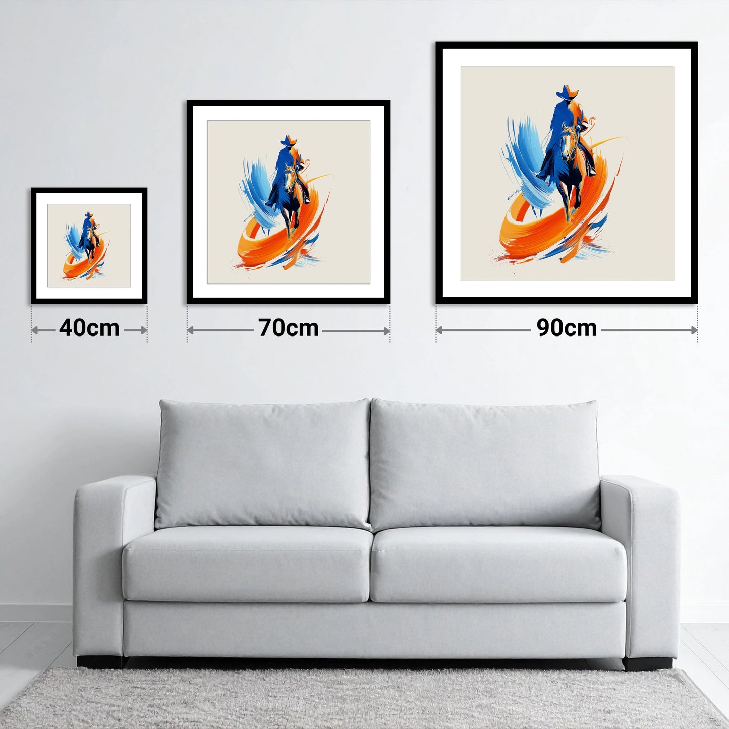 Riding the Painted Wind - size guide showing 40cm, 70cm and 90cm art prints