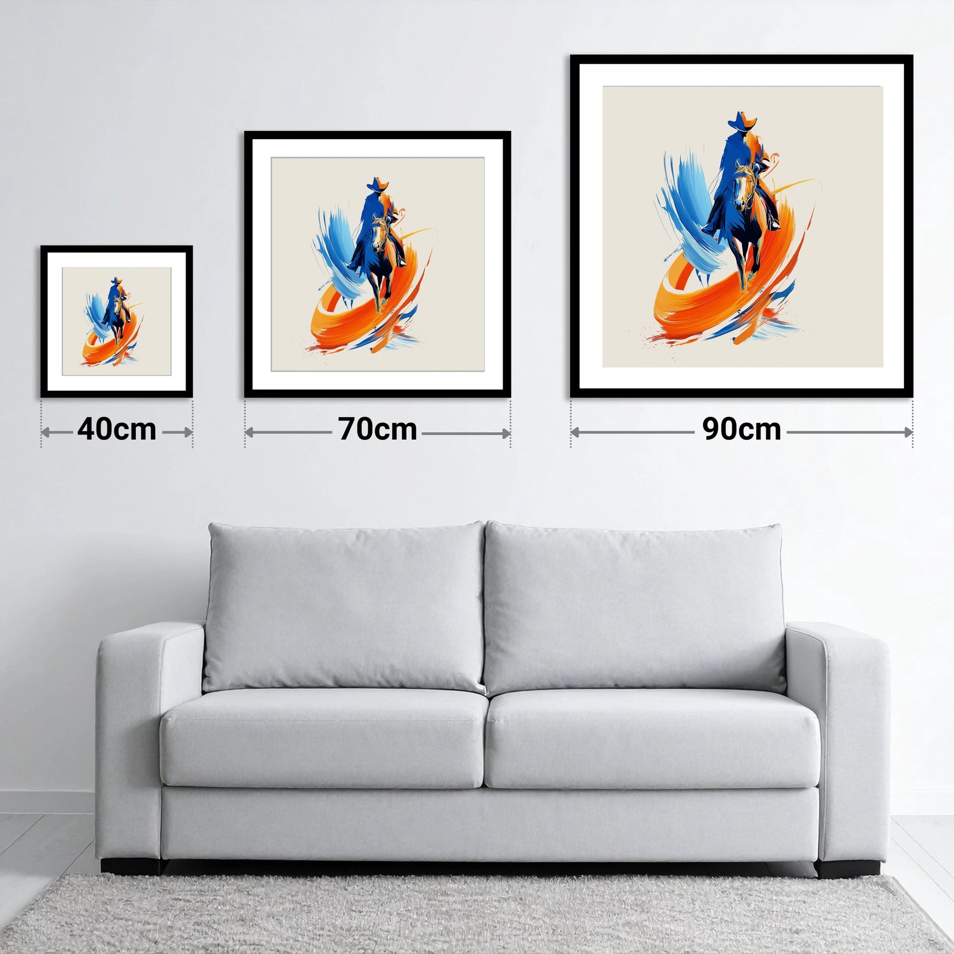 Riding the Painted Wind - size guide showing 40cm, 70cm and 90cm art prints