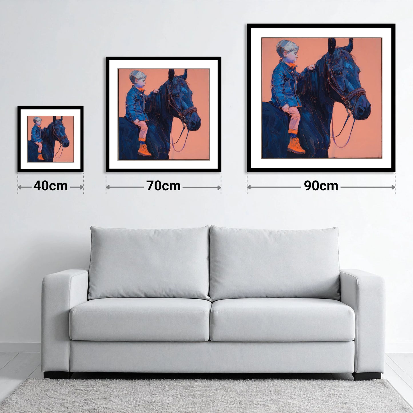 Indigo Beginnings - size guide showing 40cm, 70cm and 90cm art prints