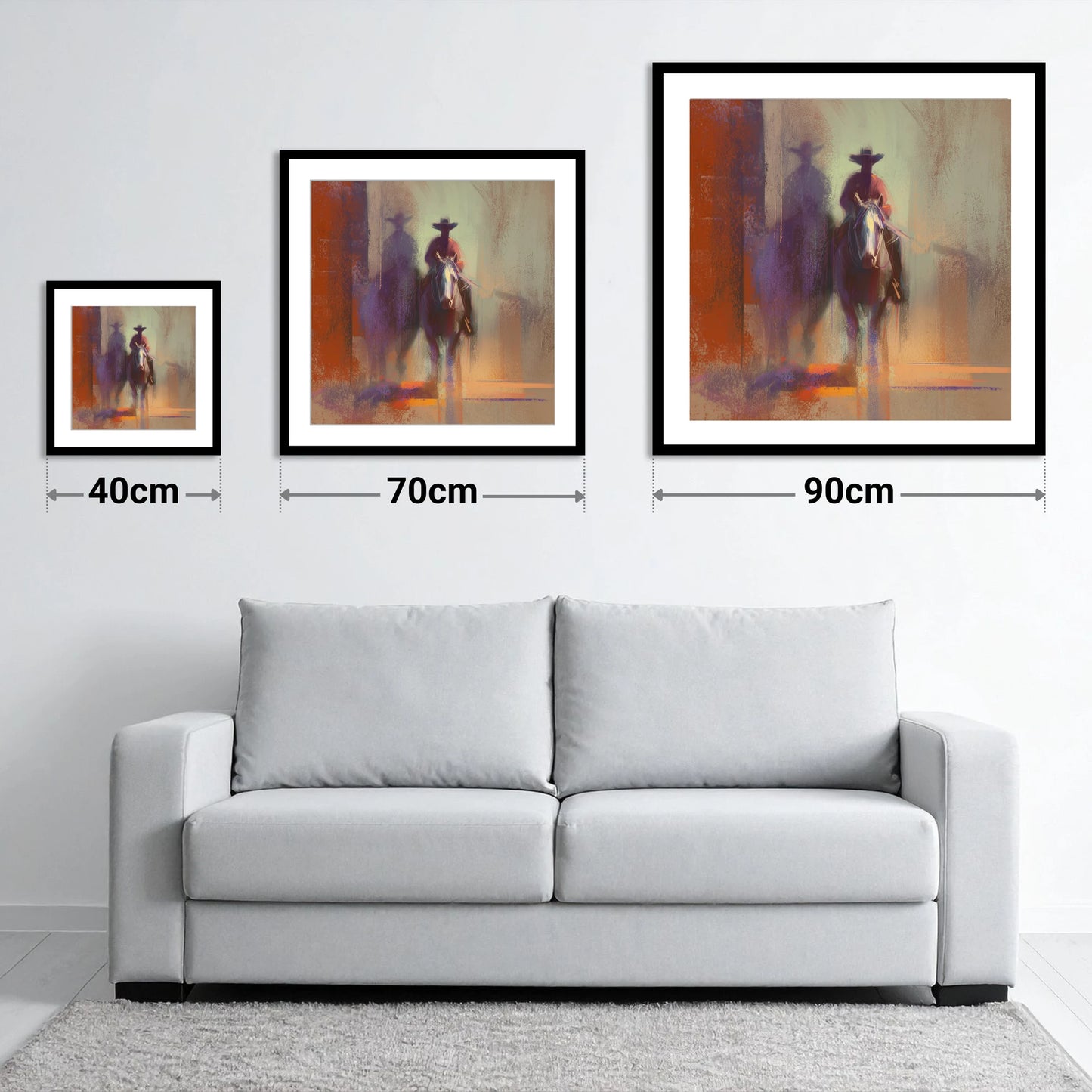 Rider in the Haze - size guide showing 40cm, 70cm and 90cm art prints