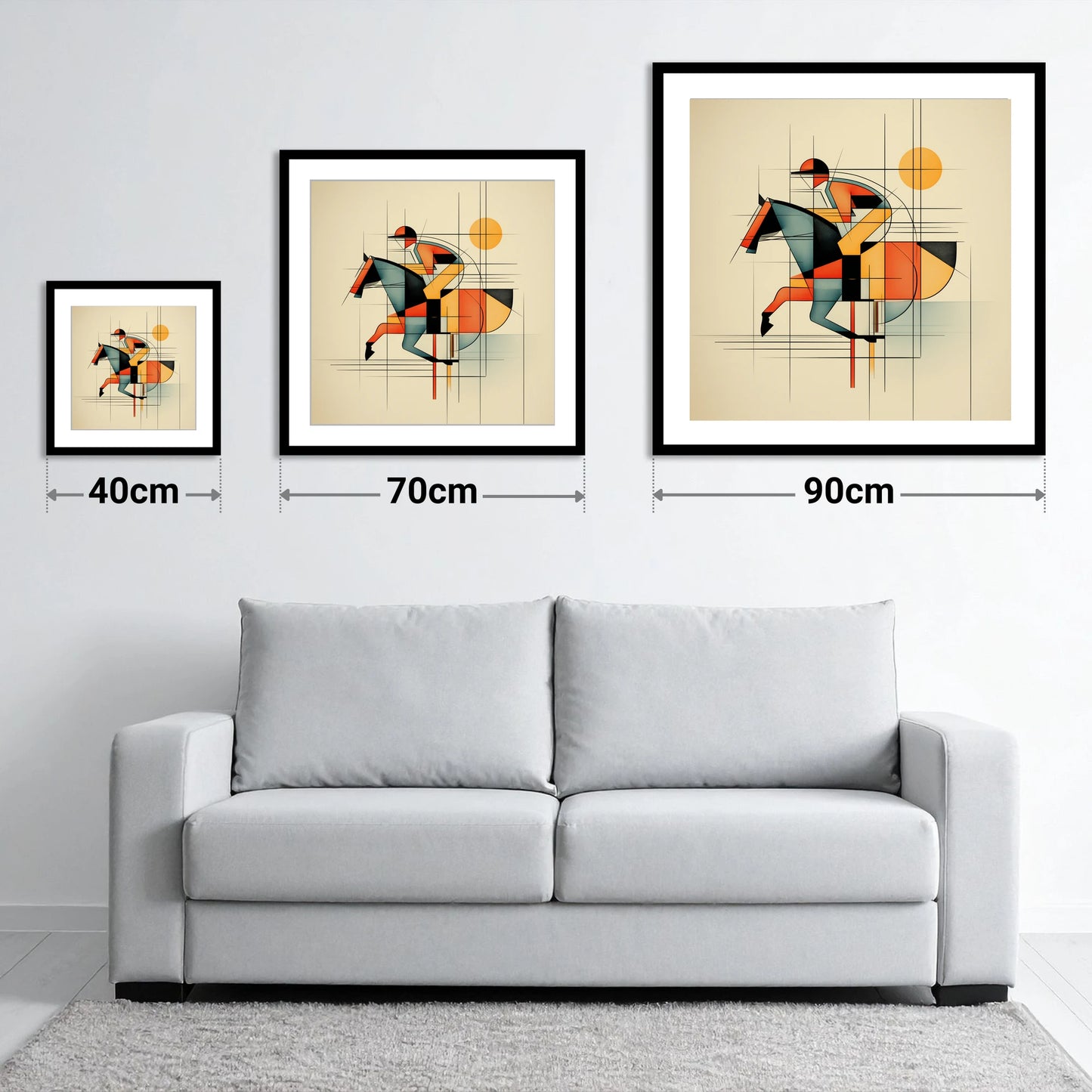 Rhythmic Racing Lines - size guide showing 40cm, 70cm and 90cm art prints