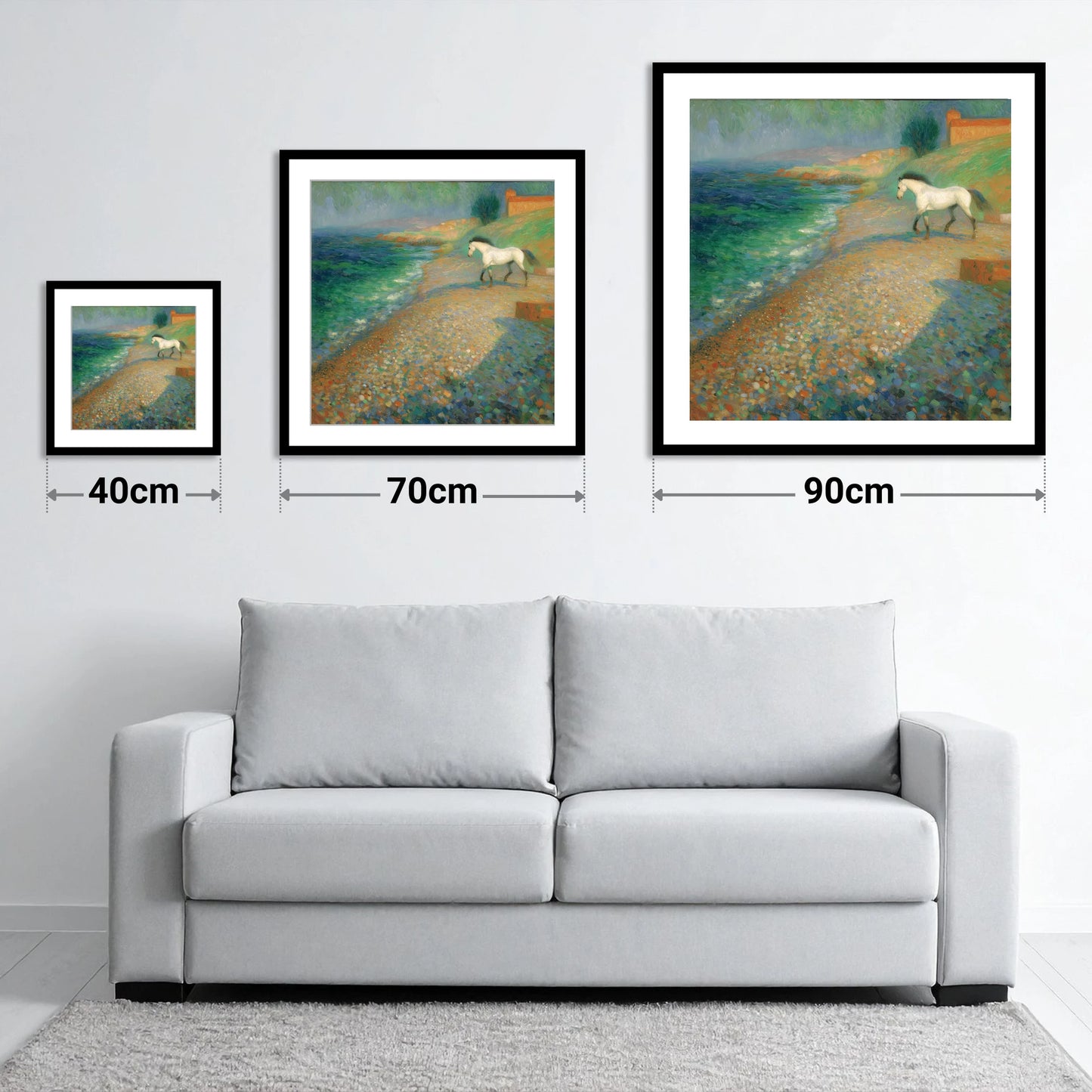 Vibrant Coastal Grey - size guide showing 40cm, 70cm and 90cm art prints