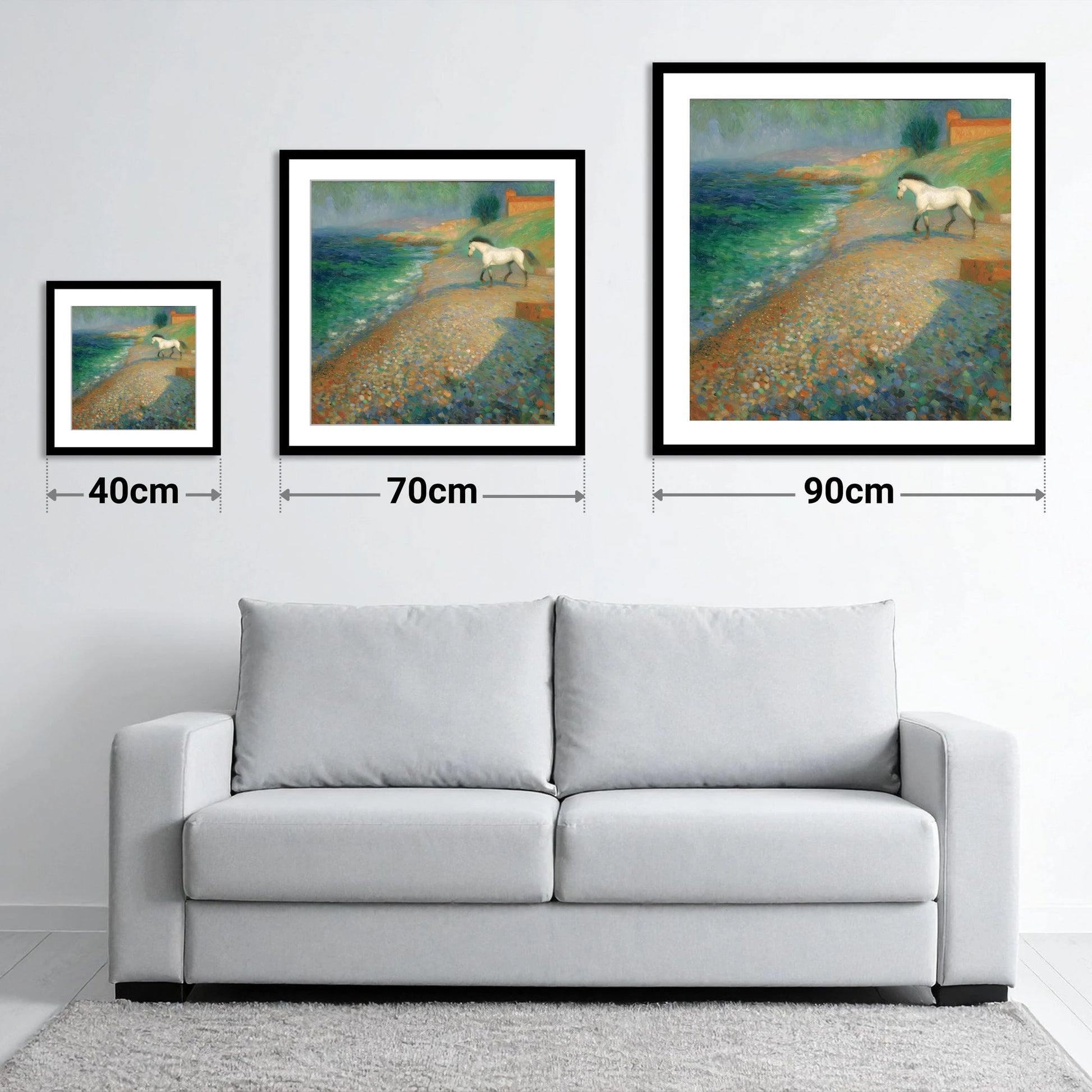 Vibrant Coastal Grey - size guide showing 40cm, 70cm and 90cm art prints