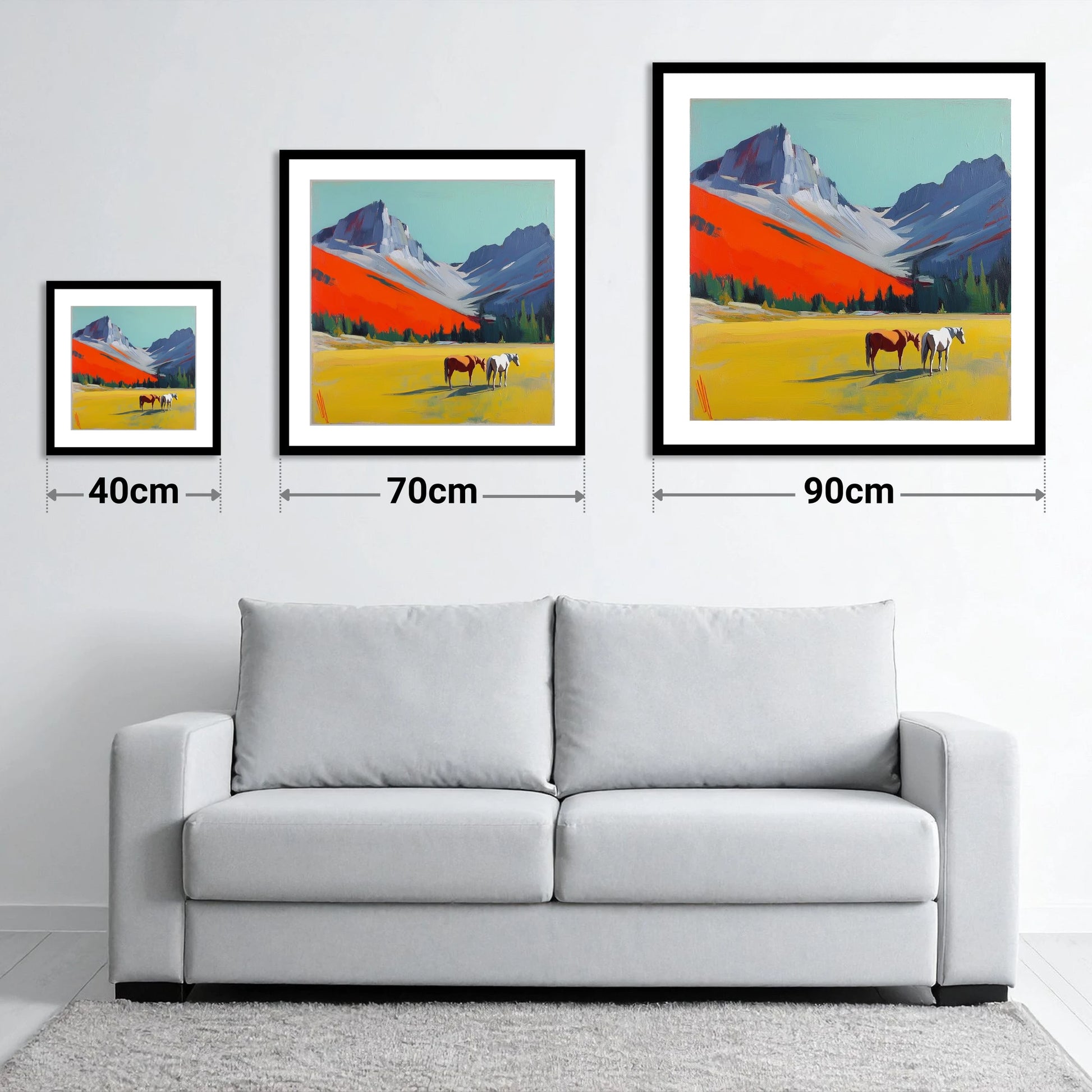 Vivid Mountain Meadow - size guide showing 40cm, 70cm and 90cm art prints