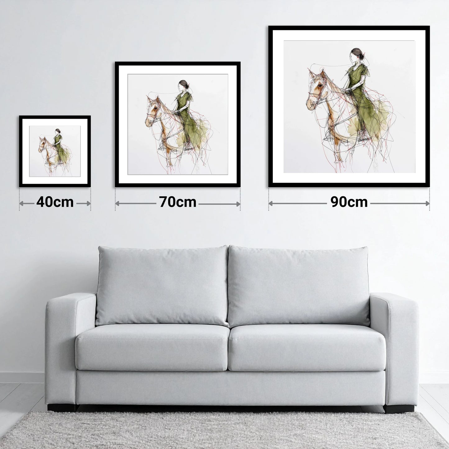 Threads of Connection - size guide showing 40cm, 70cm and 90cm art prints