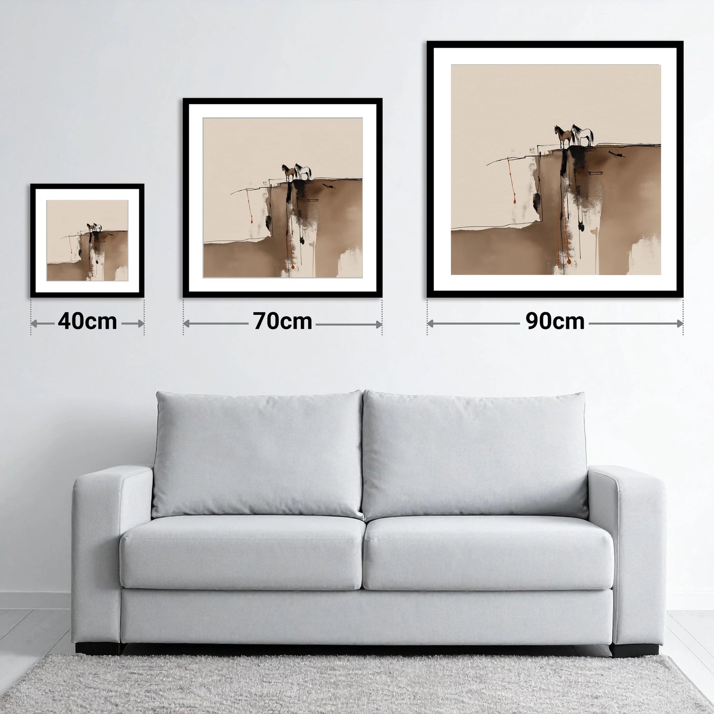 Horizon Companions - size guide showing 40cm, 70cm and 90cm art prints