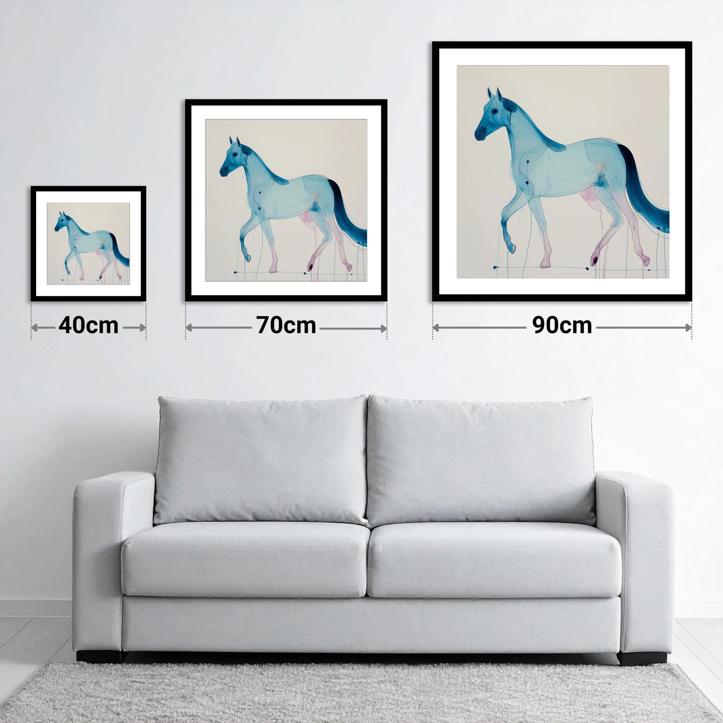 Cerulean Grace - size guide showing 40cm, 70cm and 90cm art prints