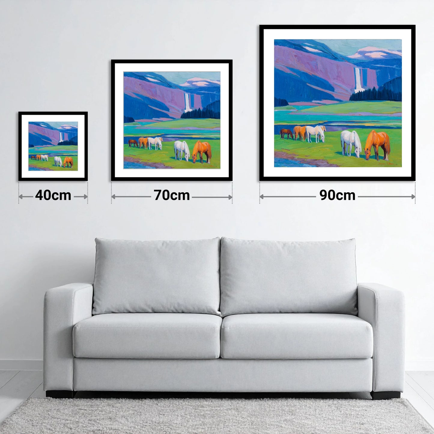 Waterfall Valley Pastures - size guide showing 40cm, 70cm and 90cm art prints