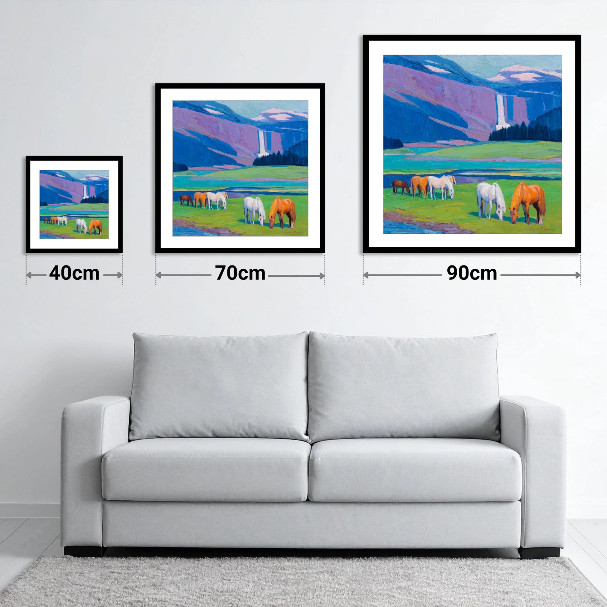 Waterfall Valley Pastures - size guide showing 40cm, 70cm and 90cm art prints
