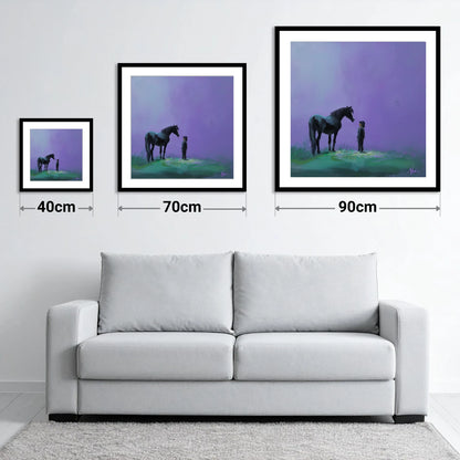 Shared Silence - size guide showing 40cm, 70cm and 90cm art prints