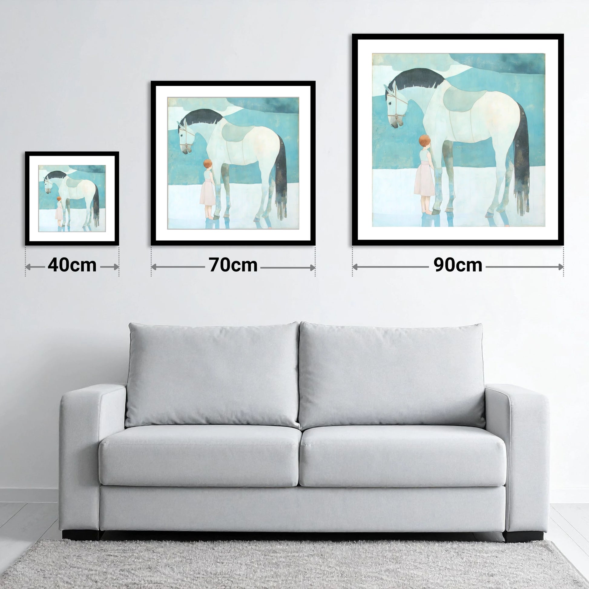 Quiet Trust - size guide showing 40cm, 70cm and 90cm art prints