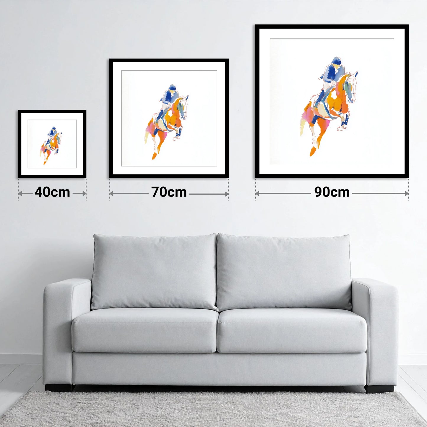 Vibrant Leap - size guide showing 40cm, 70cm and 90cm art prints