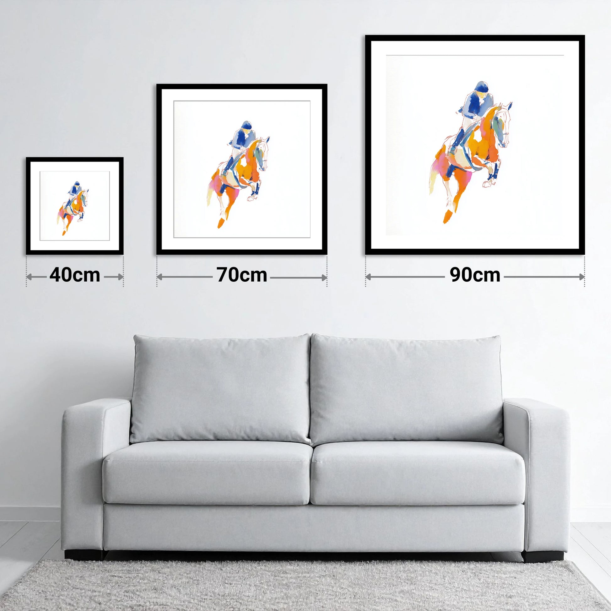 Vibrant Leap - size guide showing 40cm, 70cm and 90cm art prints