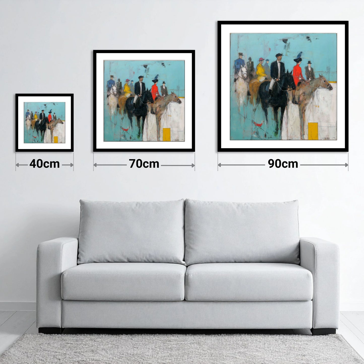 The Paddock Parade - size guide showing 40cm, 70cm and 90cm art prints